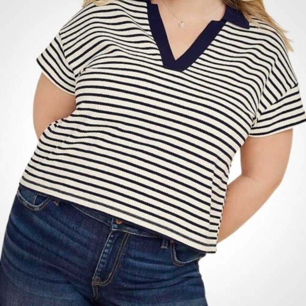 V-Neck Polo Navy Striped Coastal Short Sleeve Preppy Ribbed Crop Tee [size XXL]